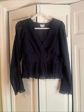 Lelis dark blue Pleated V-Neck Long Sleeve Top